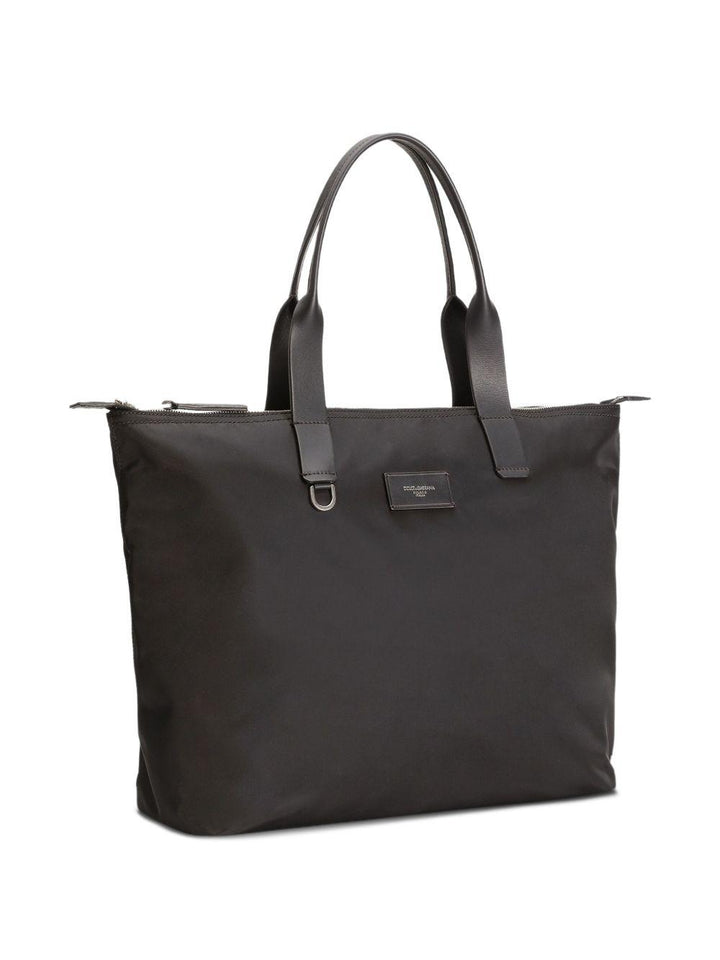 Borsa tote nera con placca logo e doppio manico 