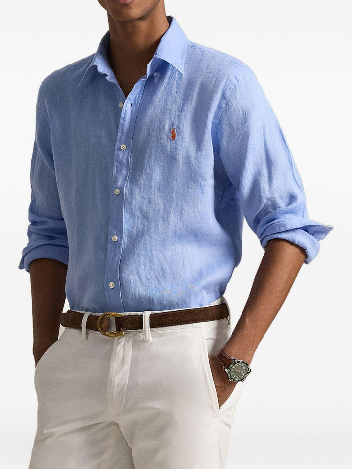 Camicia blu a maniche lunghe con colletto button-down 