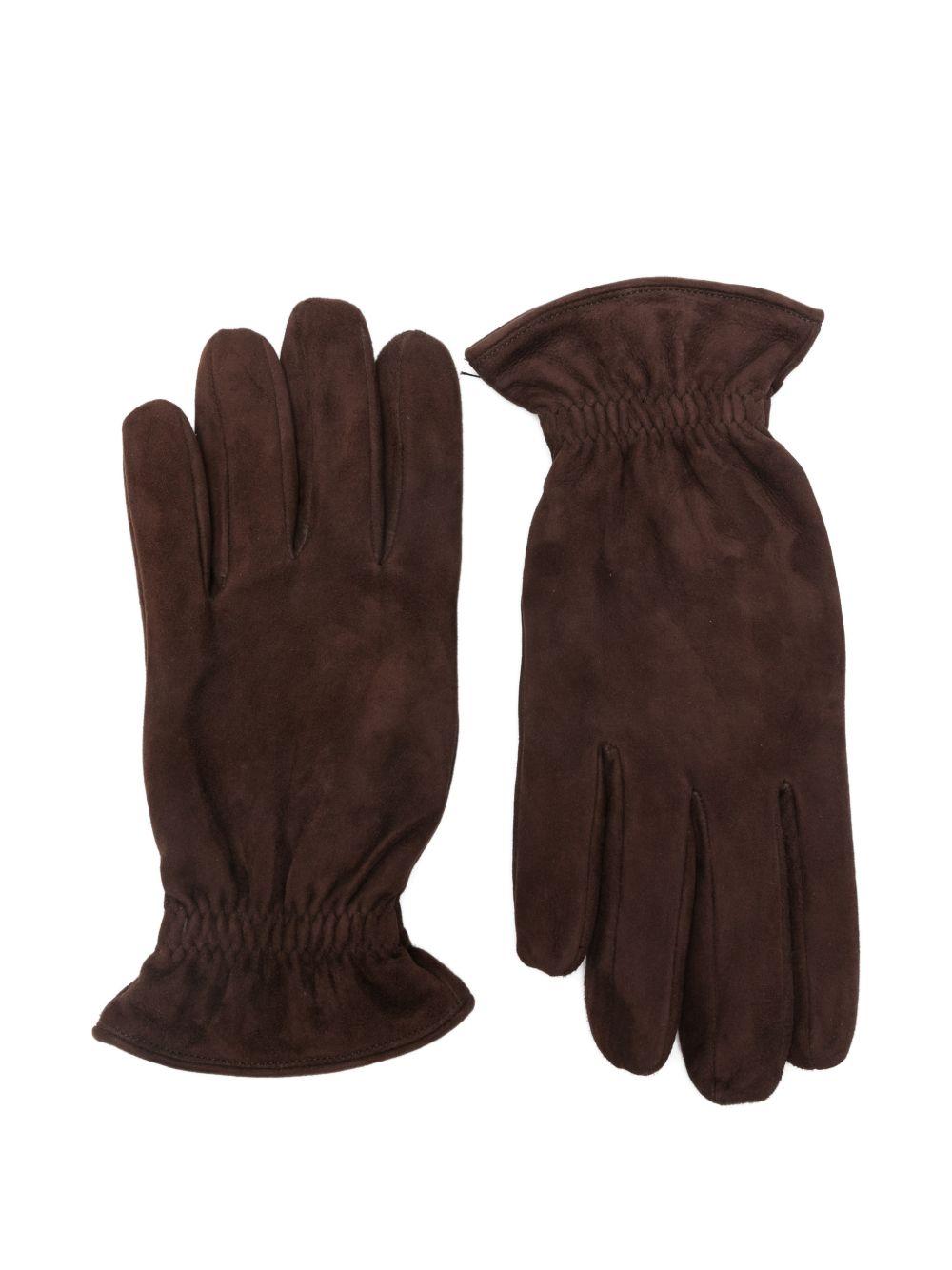 Guanti con ruches in suede marrone 