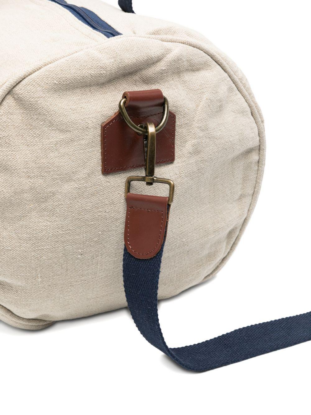 Borsone beige chiaro con logo ricamato, manici e tracolla rimovibile 