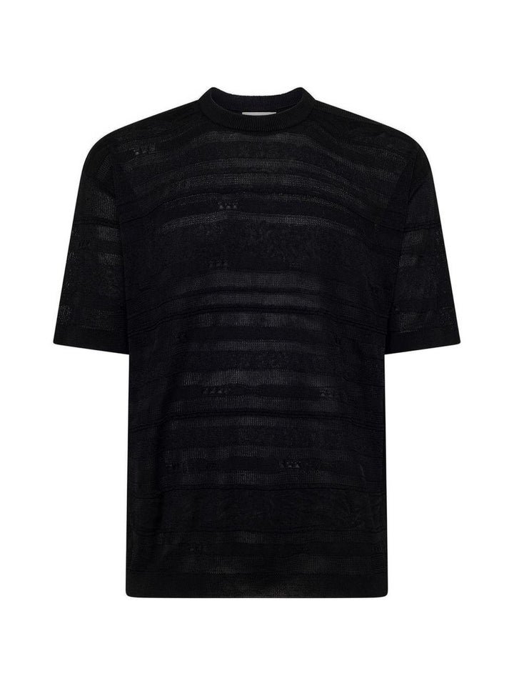 T-shirt nera in maglia con trasparenze 