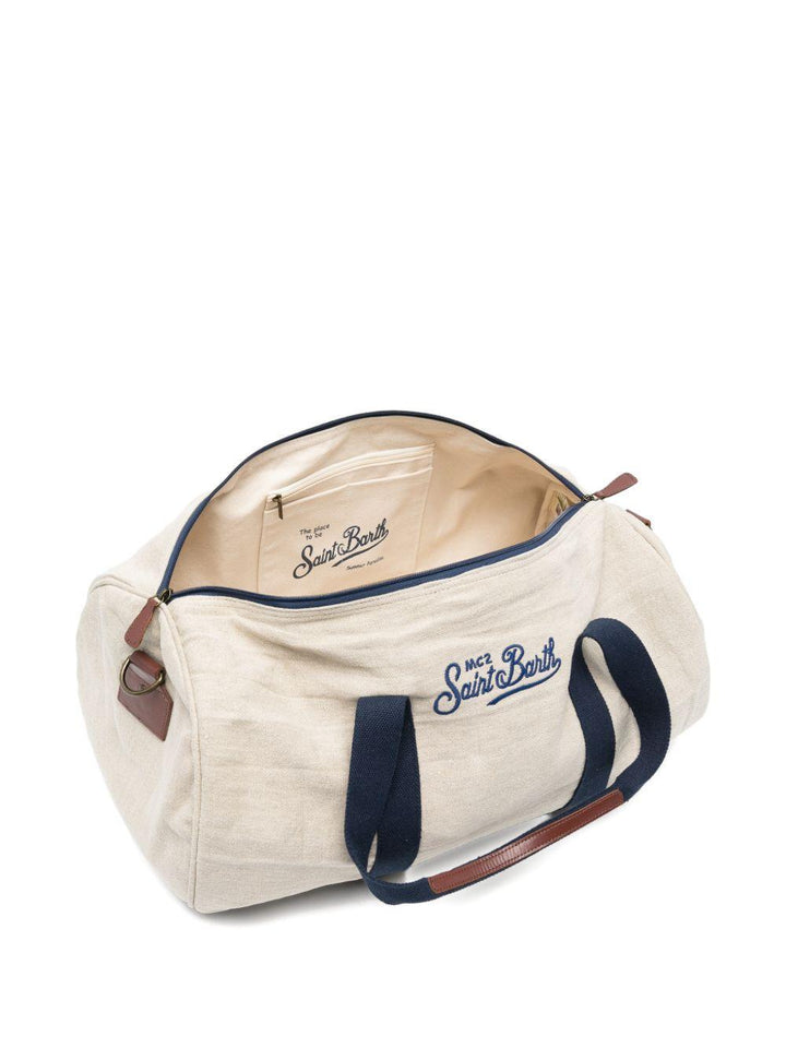 Borsone beige chiaro con logo ricamato, manici e tracolla rimovibile 