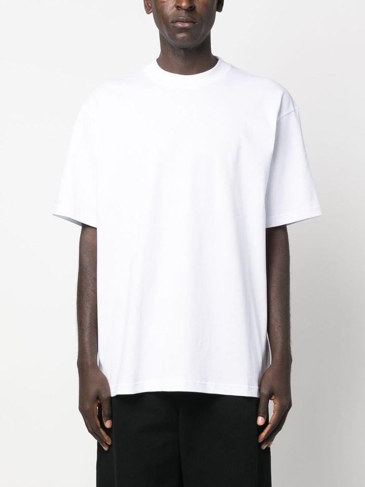 white t-shirt with logo on the back