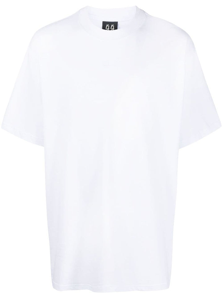 white t-shirt with logo on the back