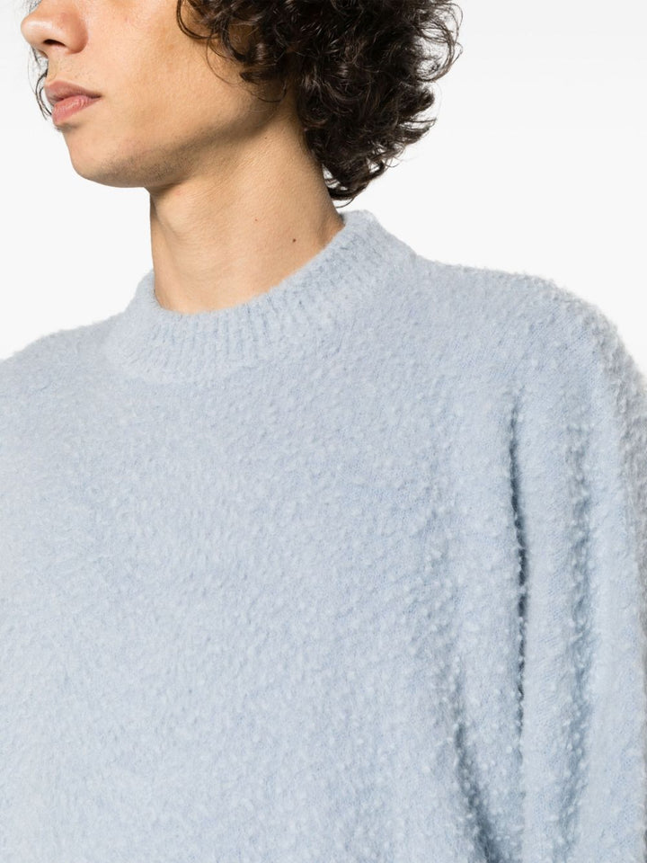 blue bouclé sweater
