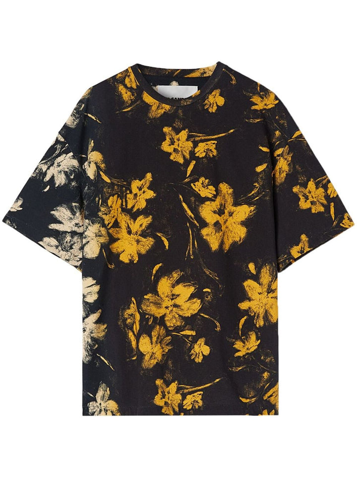 t-shirt nera a fiori