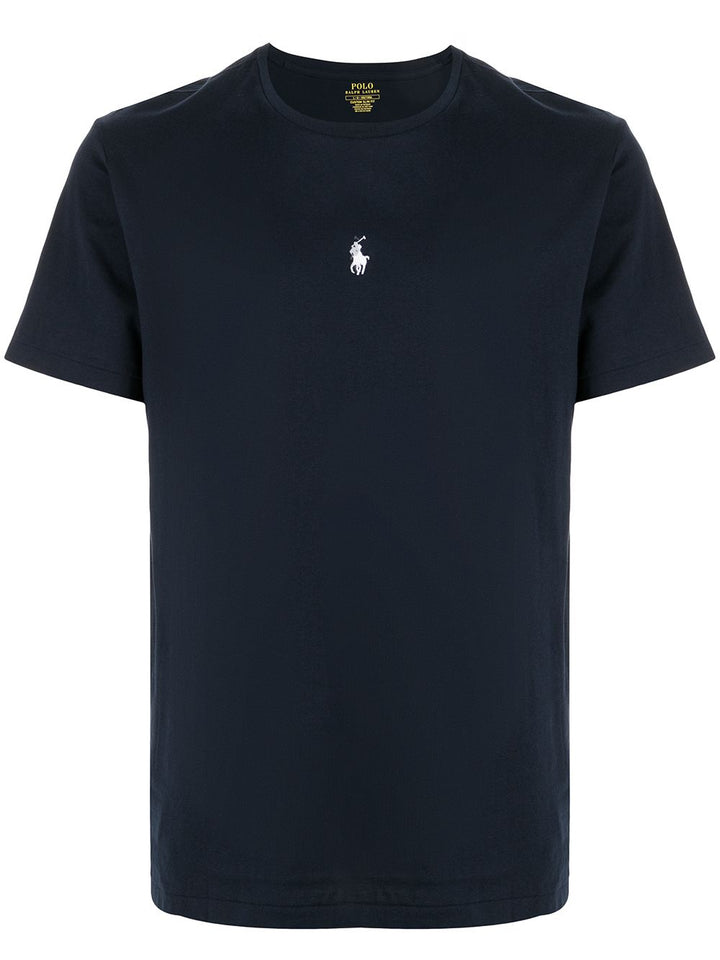 t-shirt blu con logo centrale